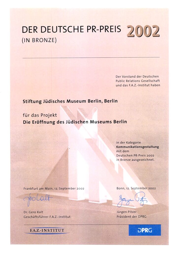 Urkunde für den Deutschen PR-Preis 2002 in Bronze für die Eröffnung des Jüdischen Museums Berlin
