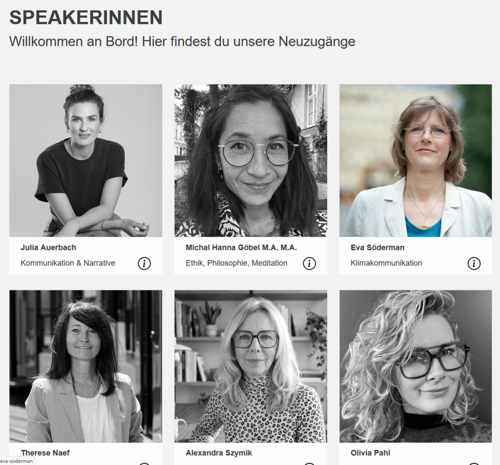 Auf der Plattform der Speakerinnen wird Eva Söderman als Neuzugang präsentiert
